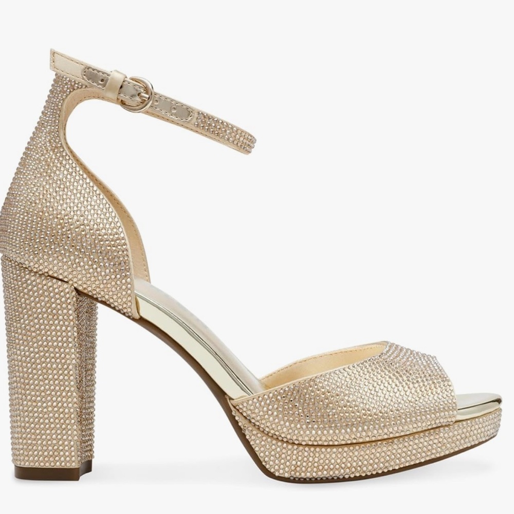 Anne Klein Rhinestone Embellished Chunky Gold Platform Heels Sandal NEW 6.5 Glam